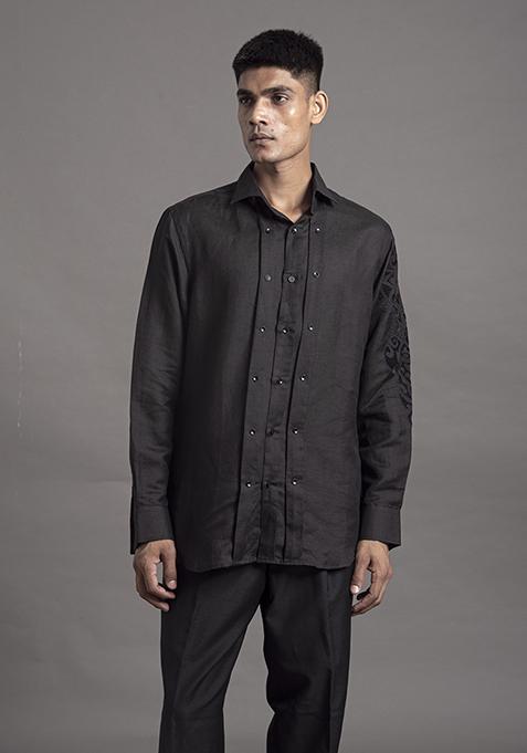 Black Motif Linen Shirt For Men