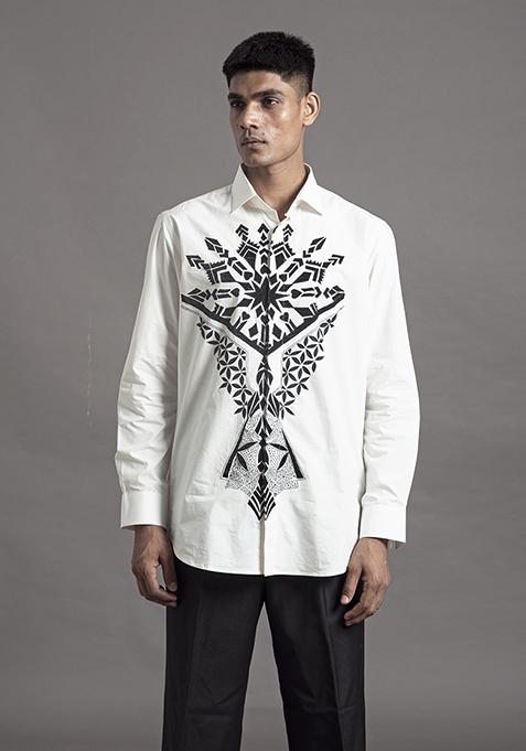 White Applique Cotton Shirt For Men