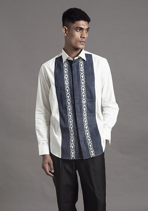 White Pintuck Embroidered Cotton Shirt For Men