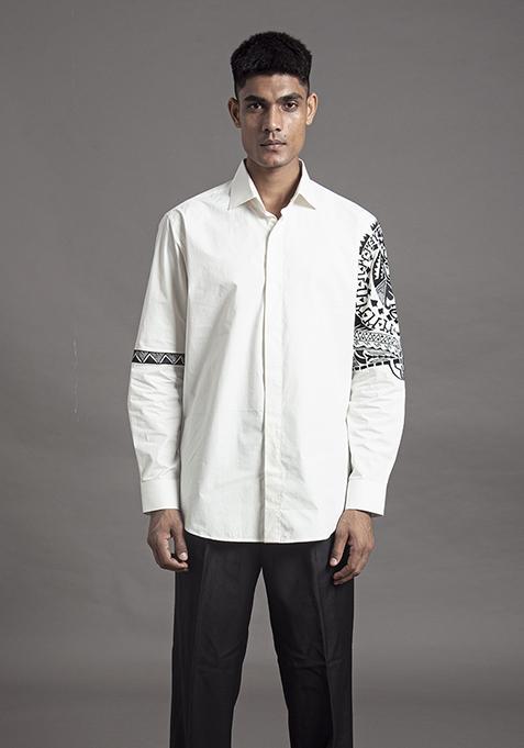 White Abstract Cotton Shirt For Men