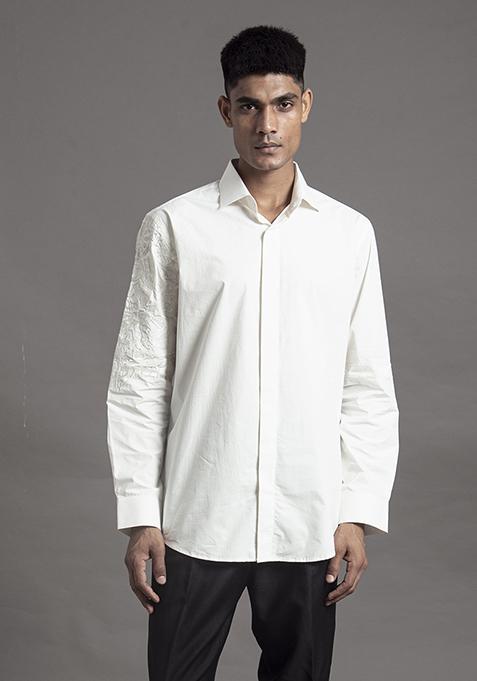 White Embroidered Silk Short Kurta For Men