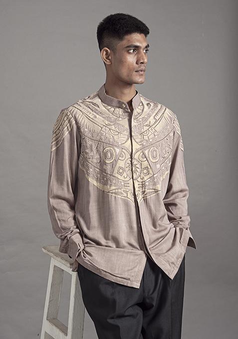 Beige Gold Applique Silk Short Kurta For Men