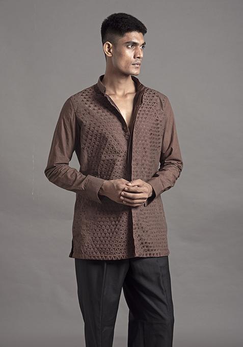 Chocolate Brown Thread Work Cotton Short Kurta For Men