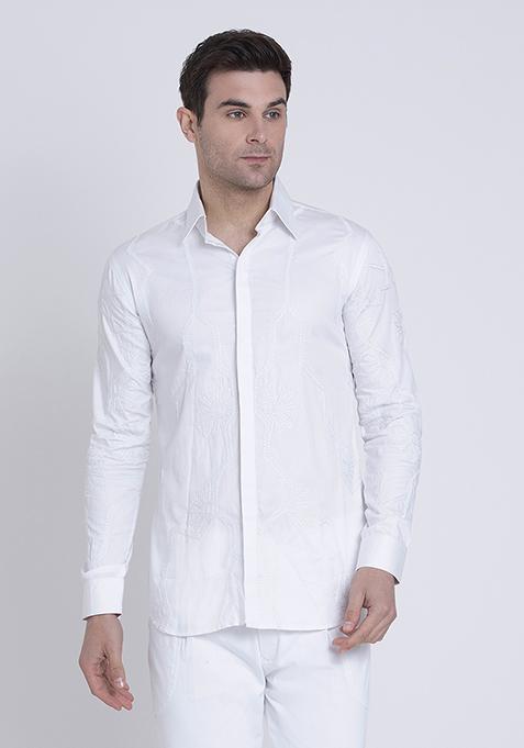 Ivory Embroidered Cotton Satin Shirt For Men