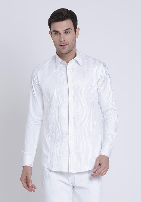 White Embroidered Cotton Satin Shirt For Men