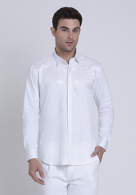 White Embroidered Satin Cotton Shirt For Men