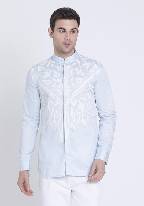 Icy Blue Embroidered Cotton Satin Shirt For Men