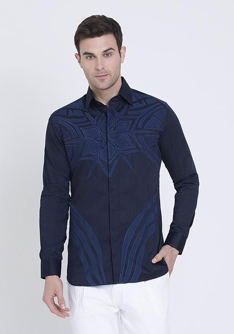 Blue Embroidered Cotton Satin Shirt For Men