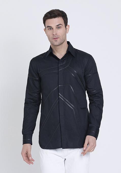 Black Elegant Embroidered Cotton Satin Shirt For Men