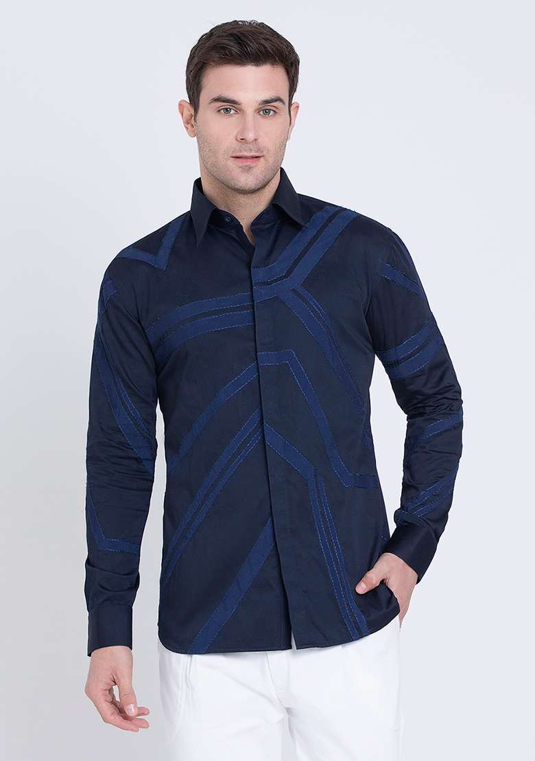 Blue Timeless Embroidered Cotton Satin Shirt For Men - Indya