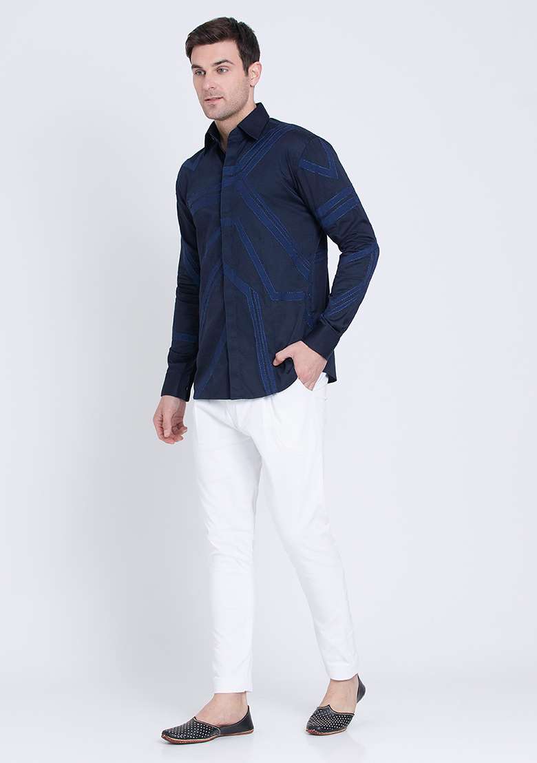 Blue Timeless Embroidered Cotton Satin Shirt For Men - Indya