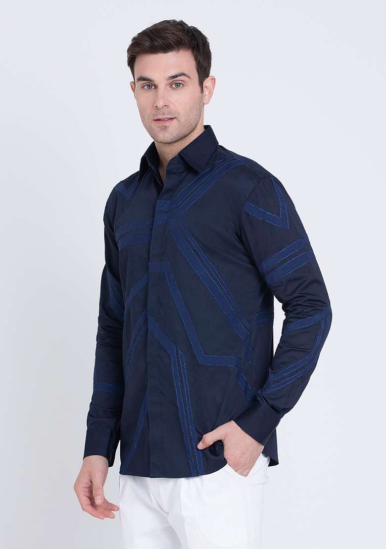Blue Timeless Embroidered Cotton Satin Shirt For Men - Indya