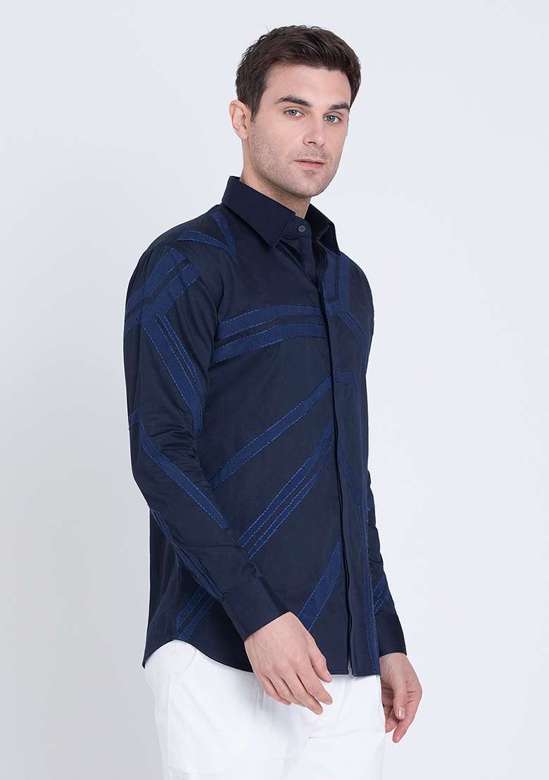 Blue Timeless Embroidered Cotton Satin Shirt For Men - Indya