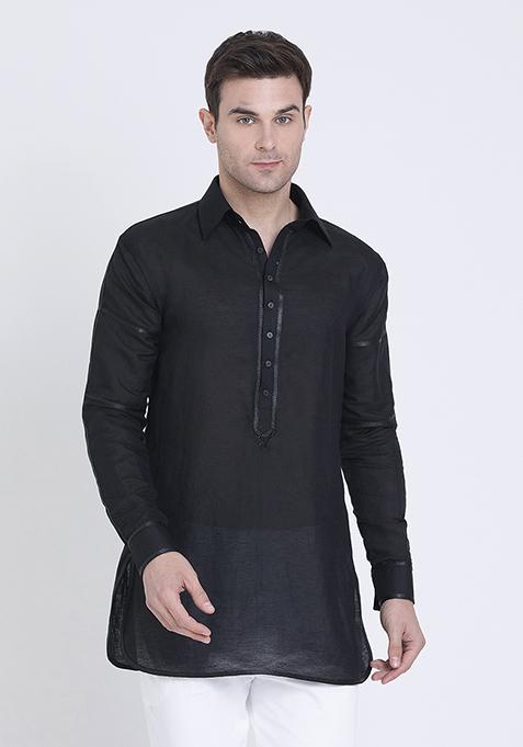 Black Embroidered Linen Shirt For Men