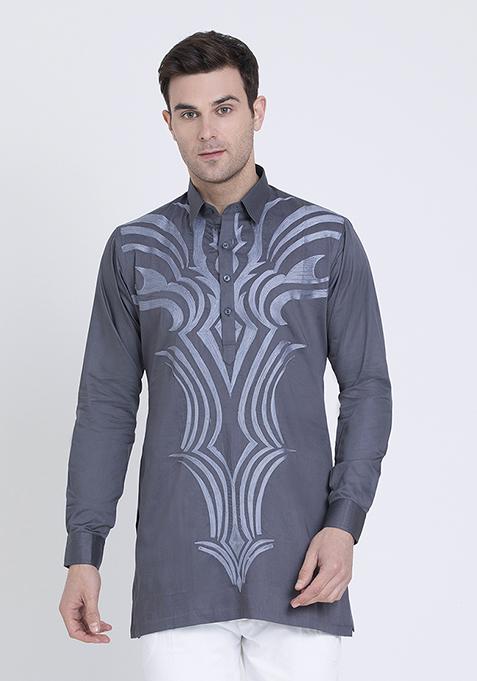 Grey Embroidered Cotton Satin Shirt For Men