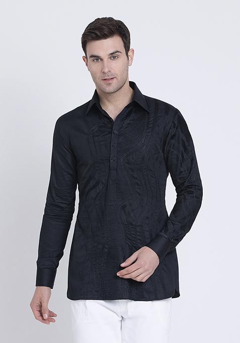 Black Classic Embroidered Cotton Satin Shirt For Men