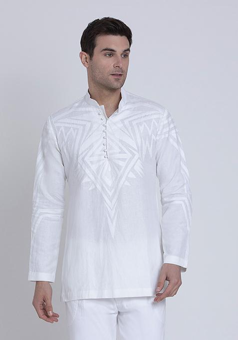 White Classic Embroidered Cotton Satin Shirt For Men