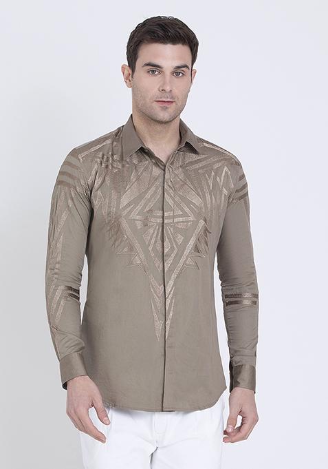 Grey Classic Embroidered Cotton Satin Shirt For Men