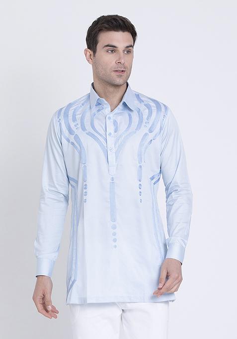 Blue Elegant Embroidered Cotton Satin Shirt For Men