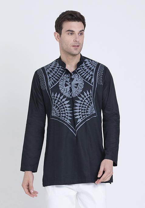 Black Embroidered Cotton Satin Shirt For Men