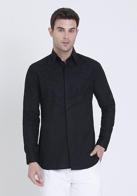 Black Premium Embroidered Cotton Satin Shirt For Men