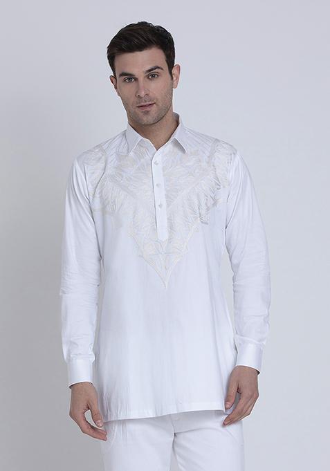 White Premium Embroidered Cotton Satin Shirt For Men