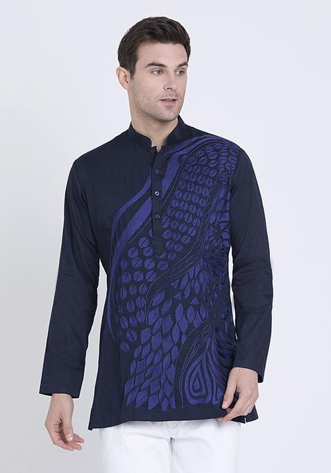 Blue Premium Embroidered Cotton Satin Shirt For Men