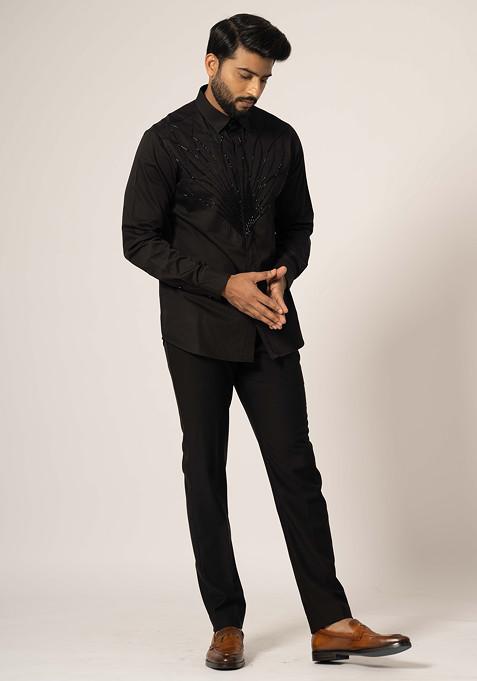 Black Embroidered Cotton Shirt For Men