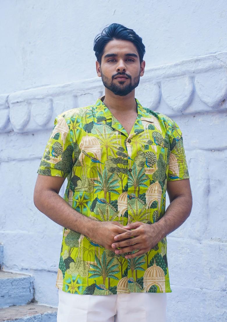 Green Printed Woven Cotton Shirt For Men