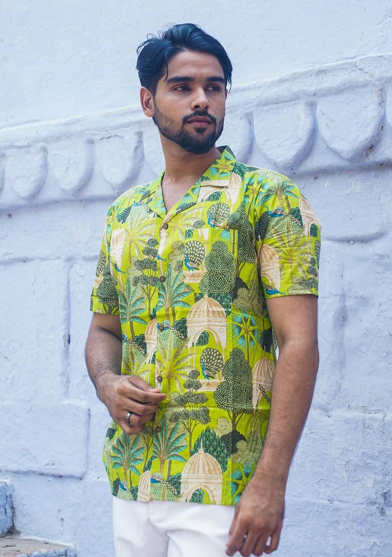 Green Printed Woven Cotton Shirt For Men