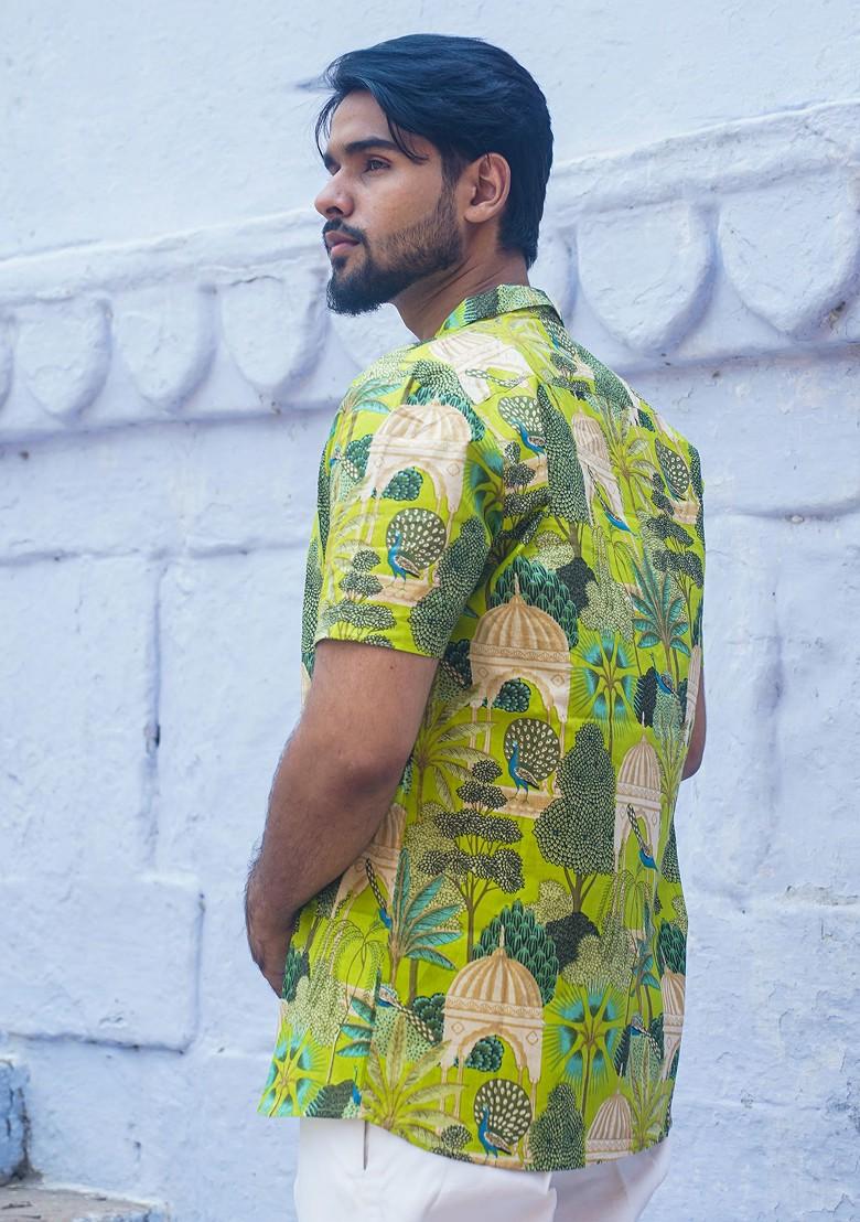 Green Printed Woven Cotton Shirt For Men