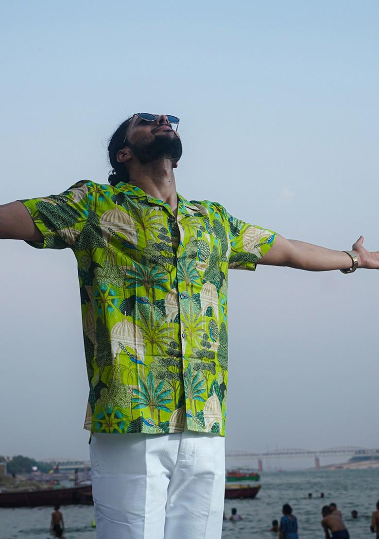 Green Printed Woven Cotton Shirt For Men