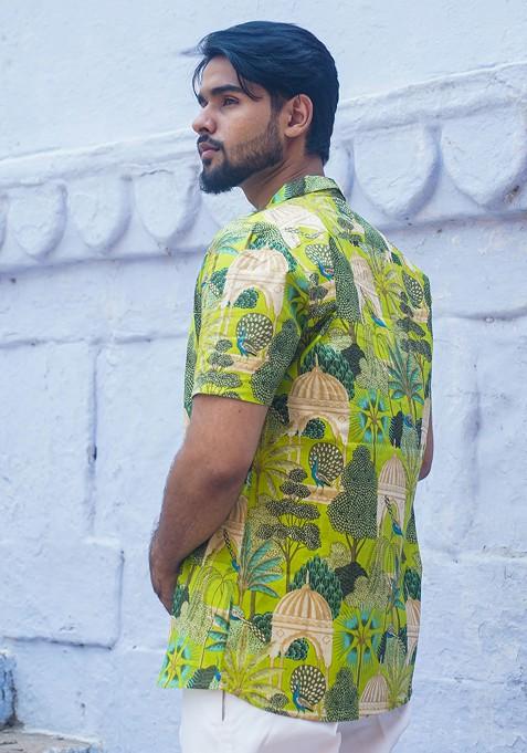 Green Printed Woven Cotton Shirt For Men