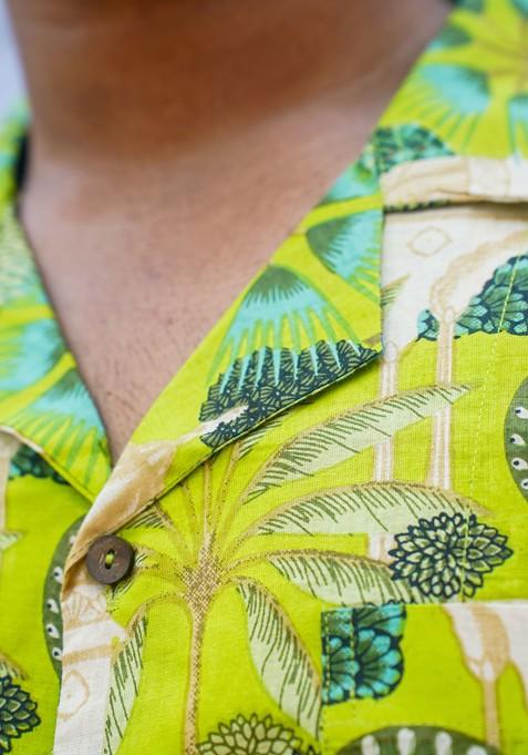 Green Printed Woven Cotton Shirt For Men