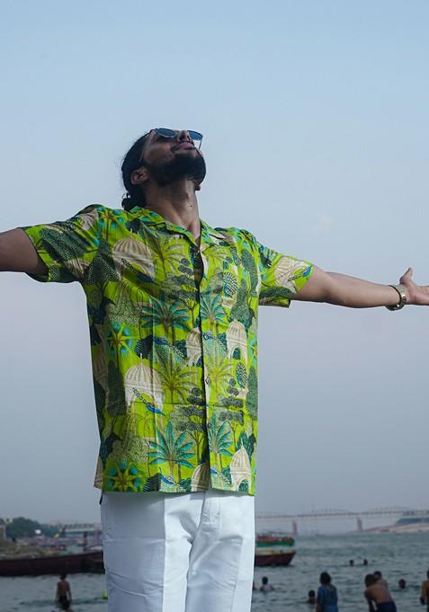 Green Printed Woven Cotton Shirt For Men