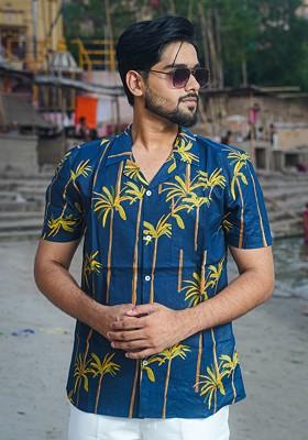 Navy Blue Printed Woven Cotton Shirt For Men