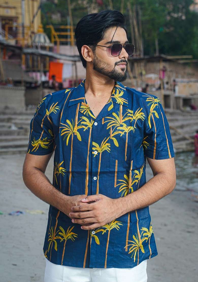 Navy Blue Printed Woven Cotton Shirt For Men - Indya