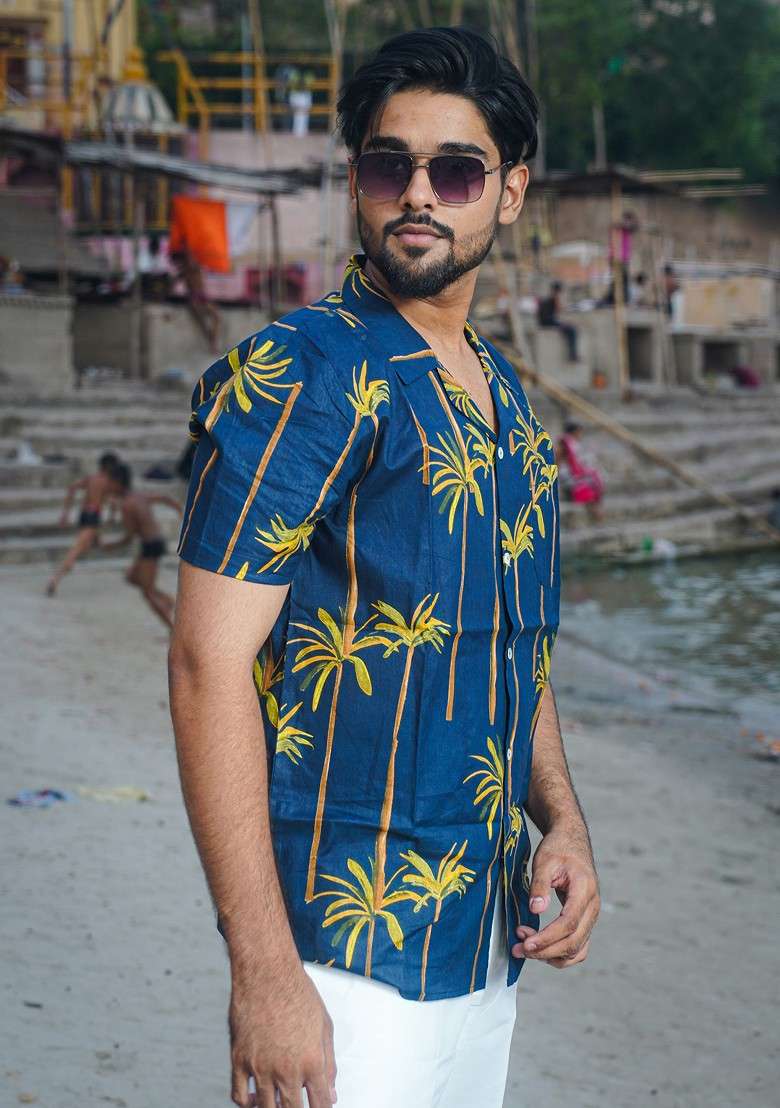 Navy Blue Printed Woven Cotton Shirt For Men - Indya
