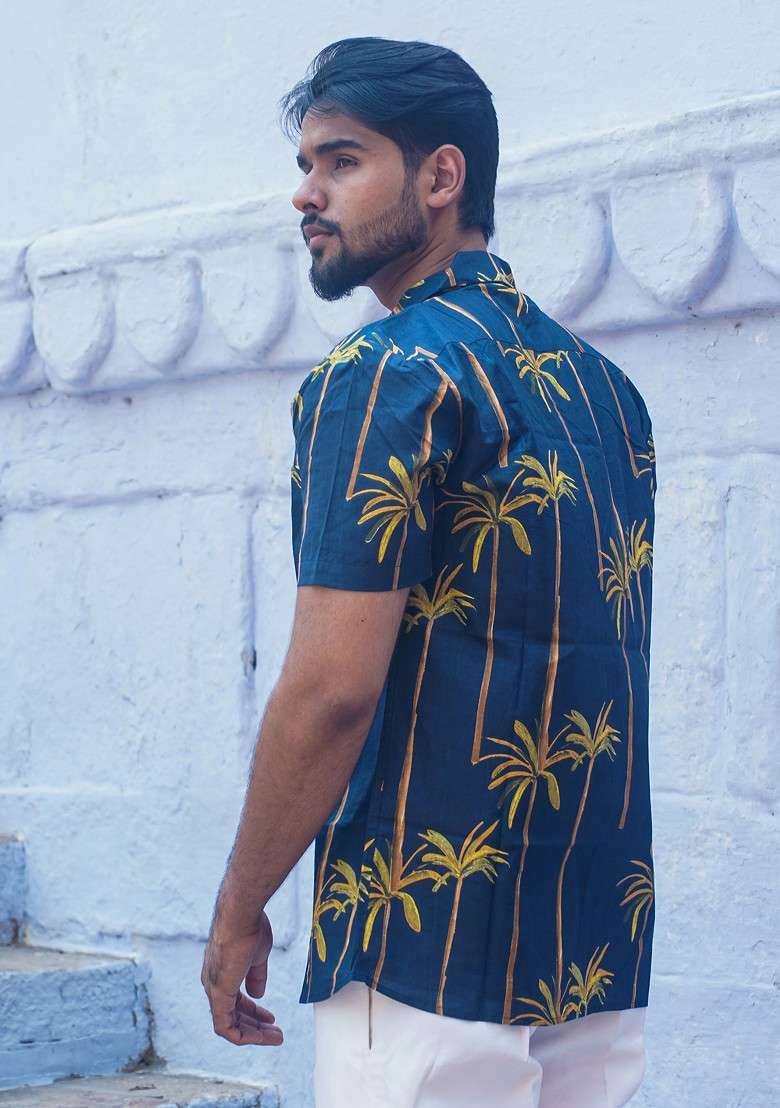 Navy Blue Printed Woven Cotton Shirt For Men - Indya