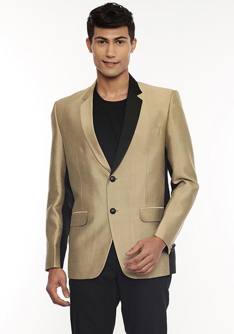 Gold And Black Two Button Silk Blazer For Men