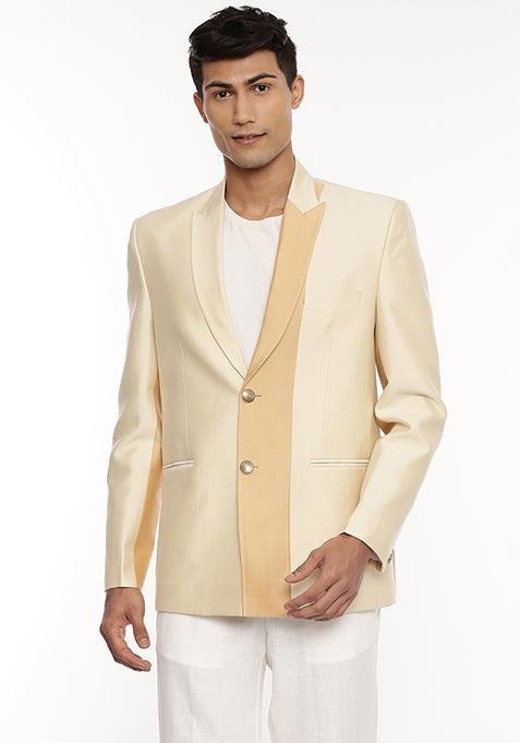 Beige And Gold Two Button Blazer For Men