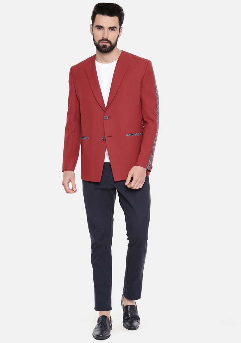 Red Printed Cotton Blazer For Men - Indya