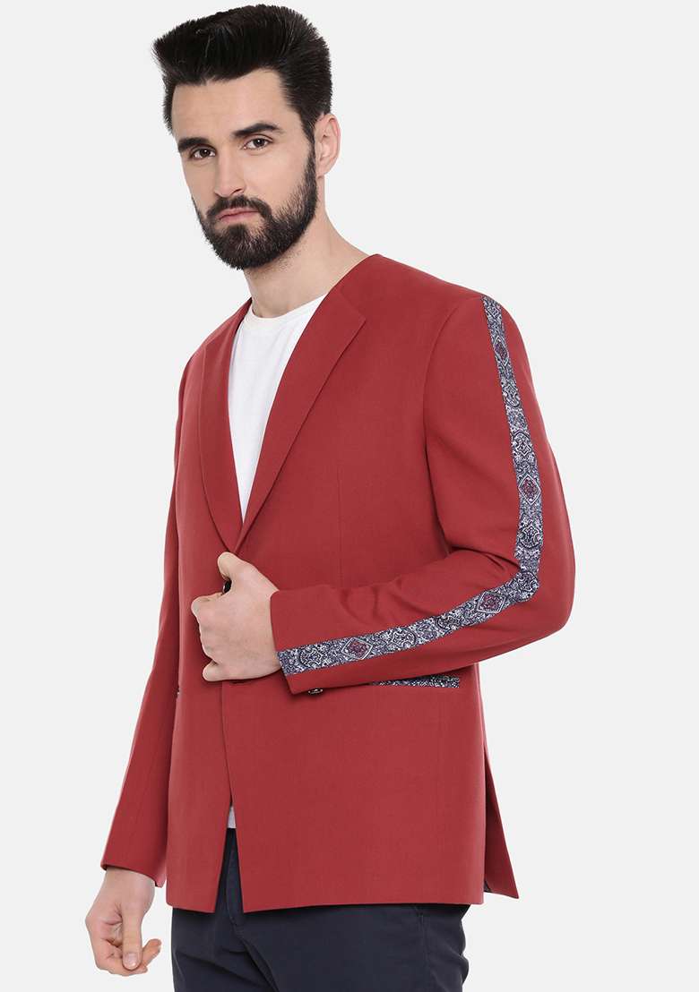 Red Printed Cotton Blazer For Men - Indya
