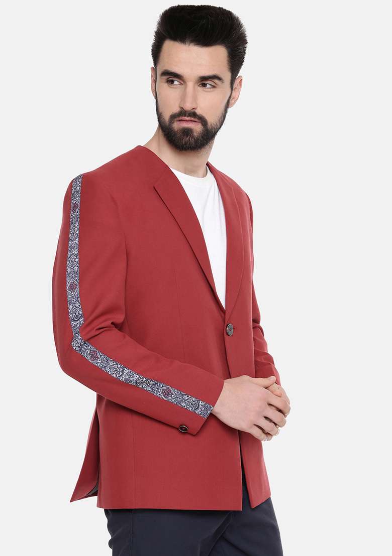 Red Printed Cotton Blazer For Men - Indya