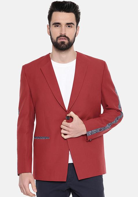 Red Printed Cotton Blazer For Men