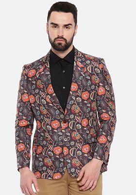 Black Two Button Printed Cotton Blazer For Men