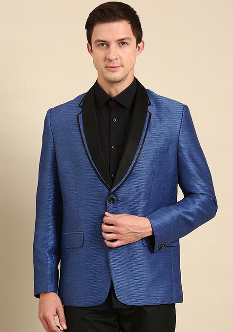 Blue And Black Silk Linen Blazer For Men
