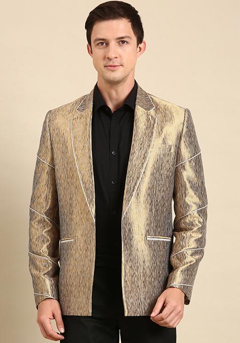 Gold Jacquard Silk Blazer For Men