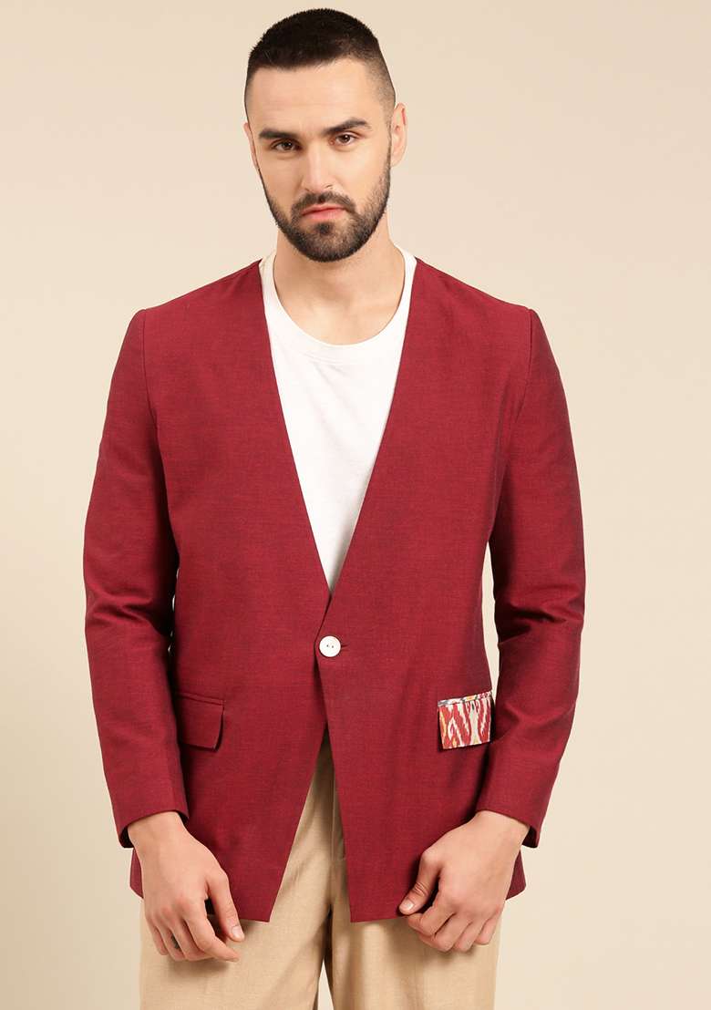 Wine Printed Cotton Blazer For Men - Indya