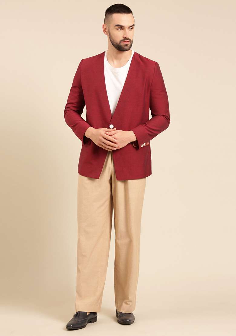 Wine Printed Cotton Blazer For Men - Indya